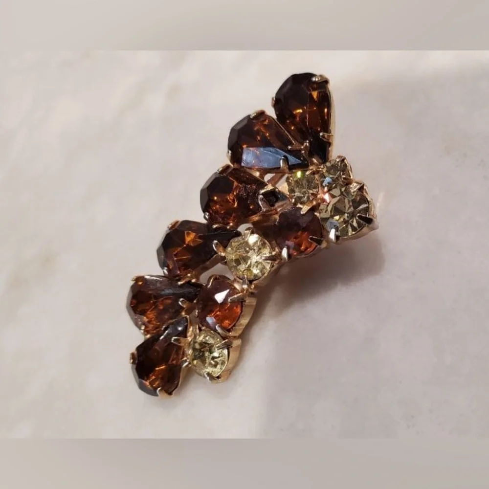 Vintage Smokey topaz canary diamond simulated rhinestone earrings with clip back